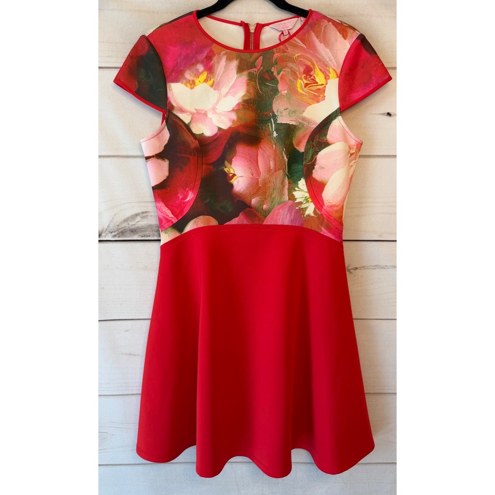 Ted Baker London Calee Rose on Canvas Skater Dress Red Floral WA5W GD26 Size 3